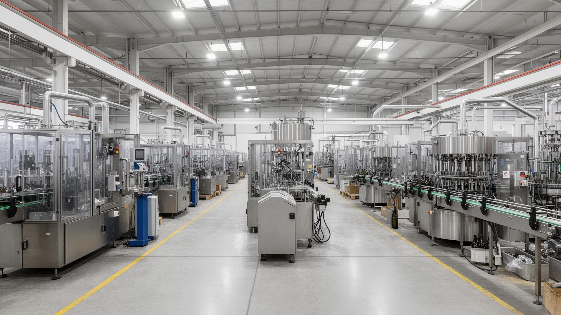 UsedBeverageLines warehouse with used beverage lines, filling machines and bottling equipment